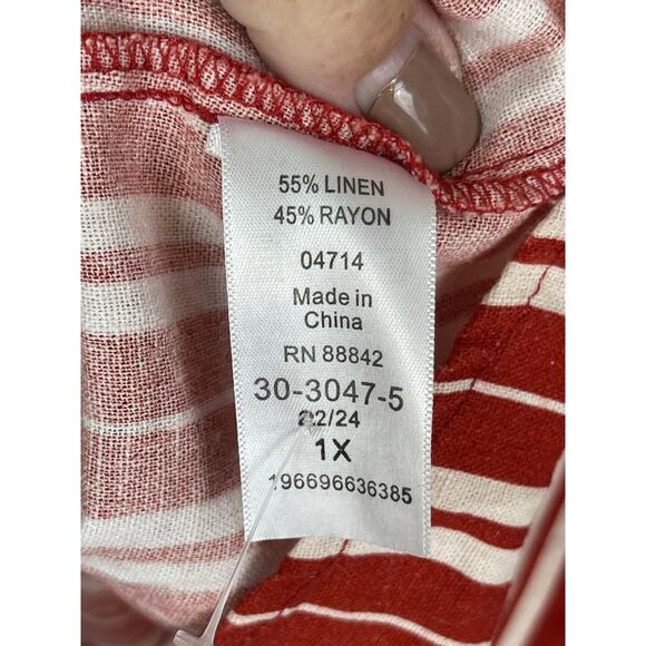 June + Vie Linen Blouse Women's 1X 22/24 Red/White Striped Long Boho Lagon Look - Picture 12 of 12